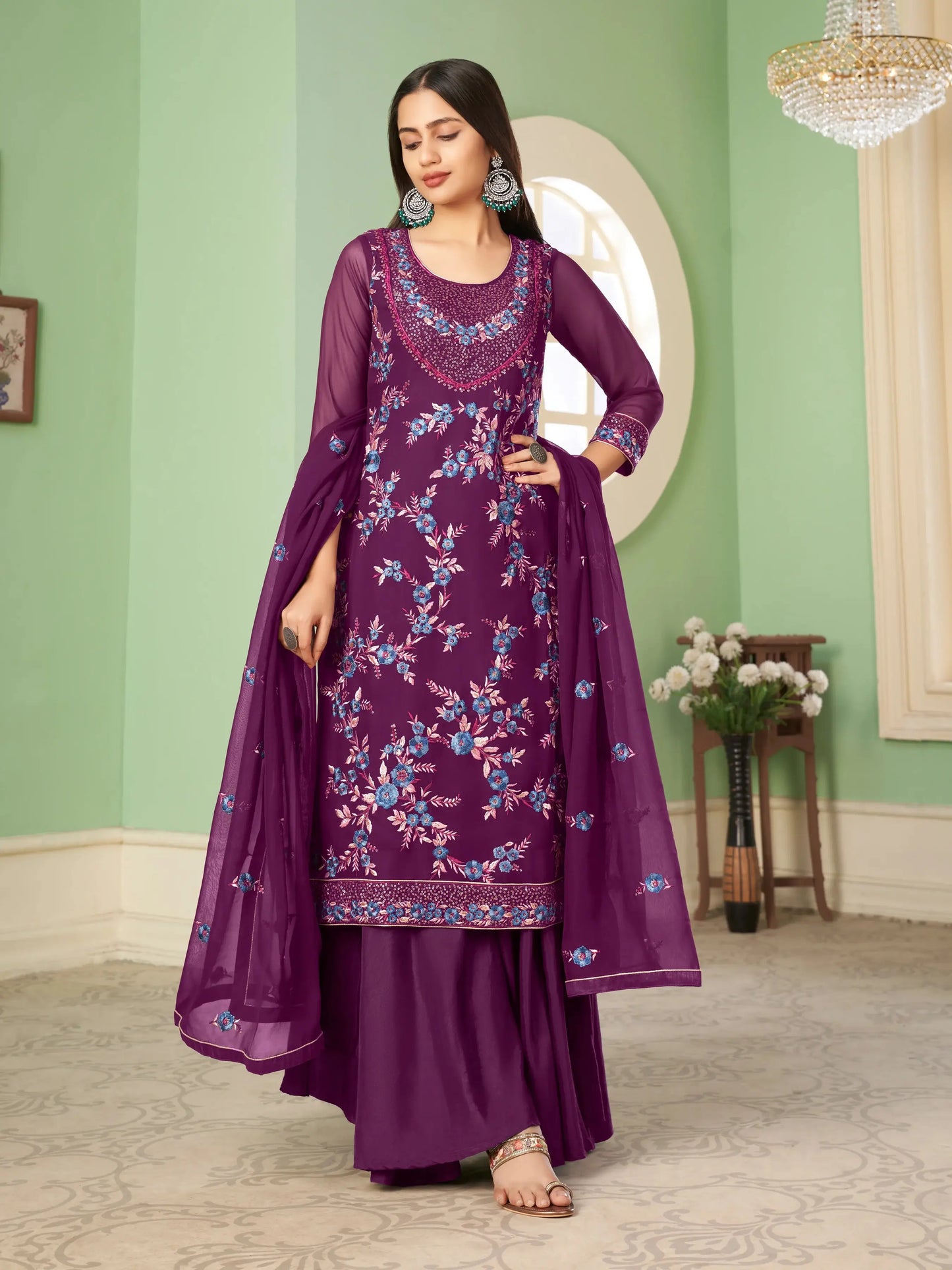 Traubenviolettes Palazzo-Set mit Paillettenstickerei