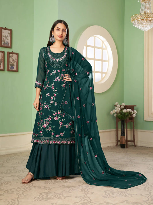 Ensemble Palazzo en georgette vert foncé avec broderie lourde de sequins