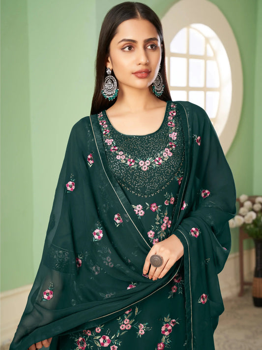 Ensemble Palazzo en georgette vert foncé avec broderie lourde de sequins