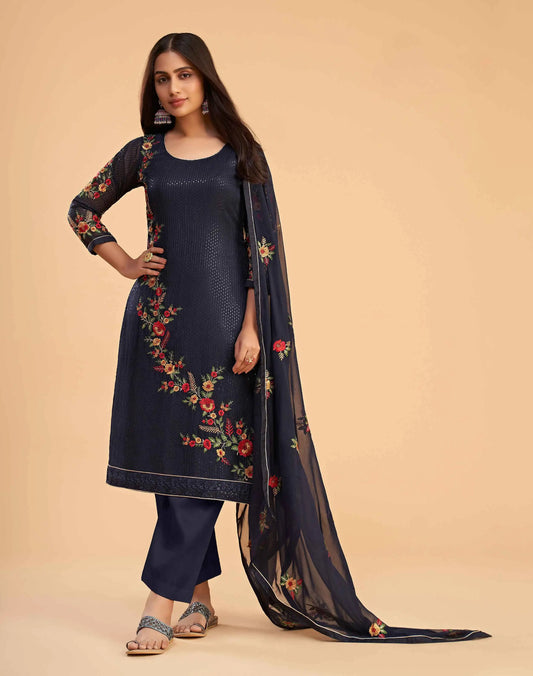 Salwar Suit Bleu Marine en Georgette avec Broderie à Sequins et Dupatta