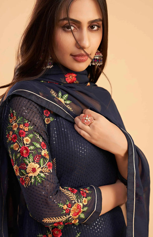 Salwar Suit Bleu Marine en Georgette avec Broderie à Sequins et Dupatta