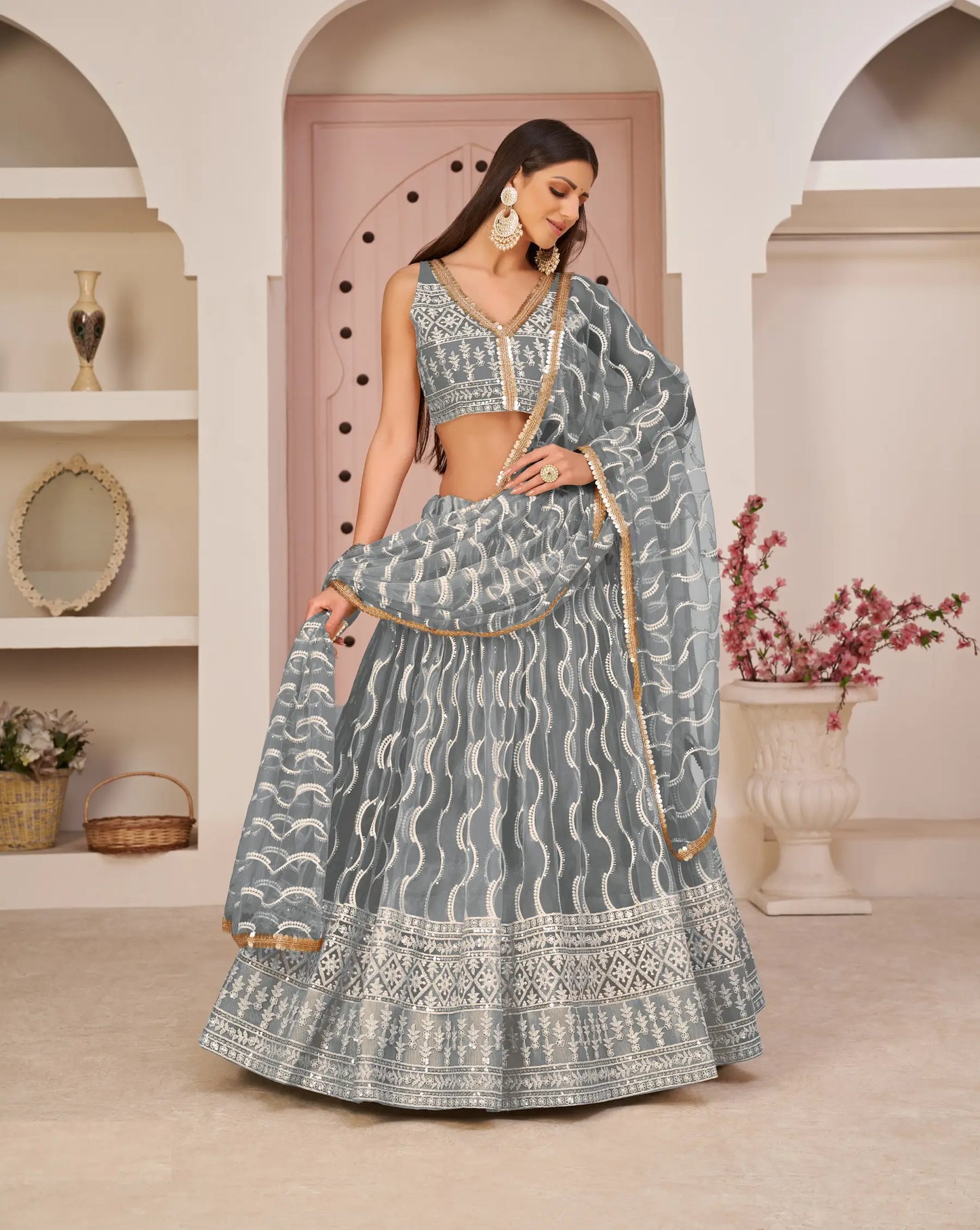 Grey Net Lehenga Choli Set with White Cotton Thread Embroidery, Zari Work and Refined Sequences