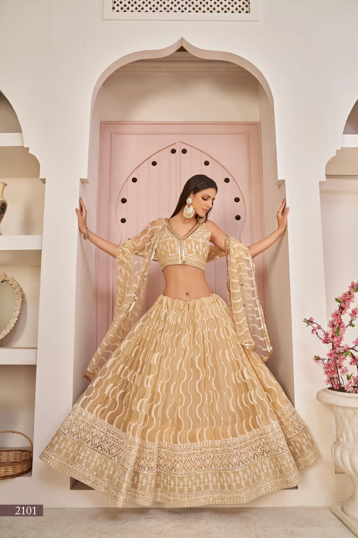 Lehenga Choli en filet beige foncé avec broderies en fil de coton blanc, travail en zari et sequins