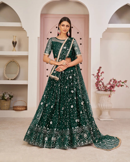 Lehenga Choli Vert avec broderie en fil de coton blanc, zari et sequins