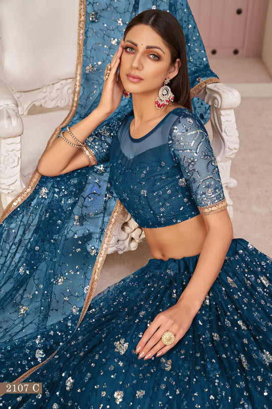 Teal Net Lehenga Choli avec Broderie en Fil de Coton Blanc, Zari et Sequins