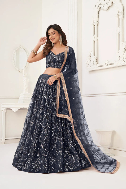 Ensemble Lehenga Choli Noir | Robe Indienne en Tulle | Broderies et Miroirs