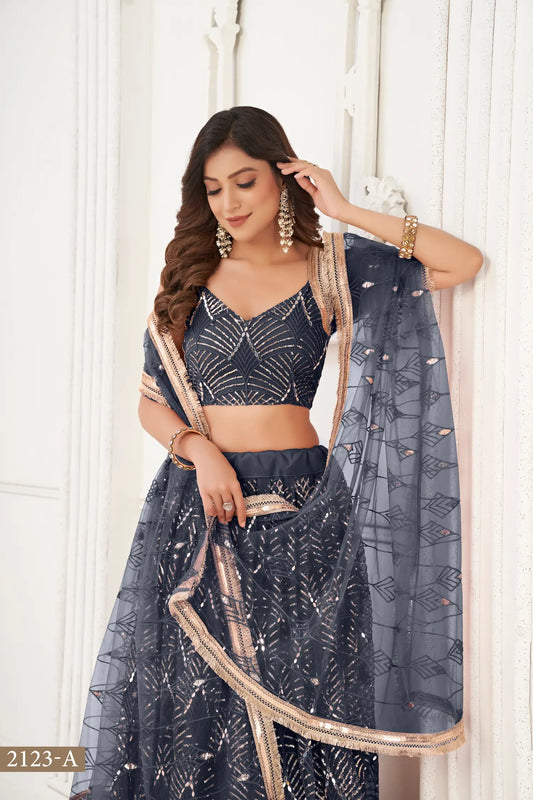 Ensemble Lehenga Choli Noir | Robe Indienne en Tulle | Broderies et Miroirs