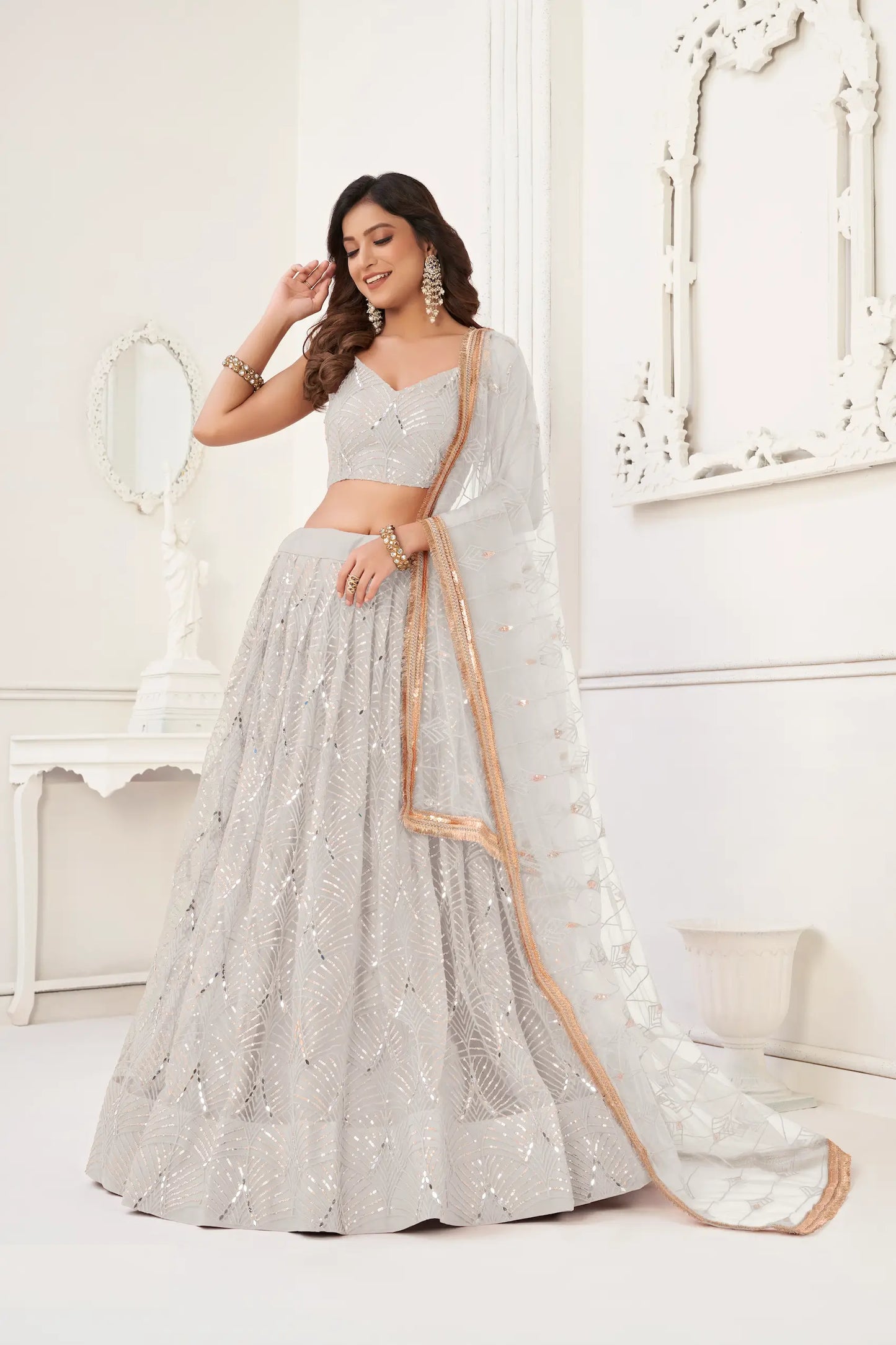 Off-White Lehenga Set | Tulle with Shimmering Embroidery and Mirrors