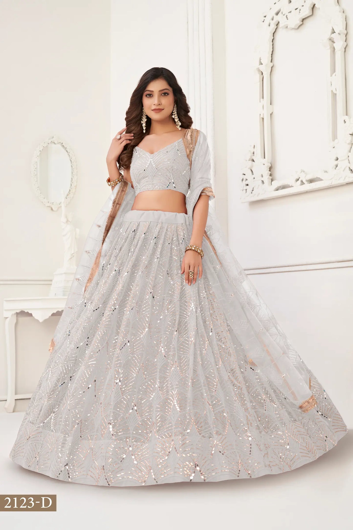 Off-White Lehenga Set | Tulle with Shimmering Embroidery and Mirrors