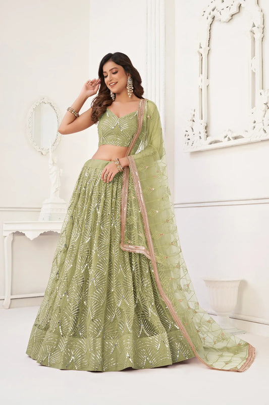 Pistaziengrüner Tüll-Lehenga-Choli | Faden-, Spiegel- und Paillettenstickerei