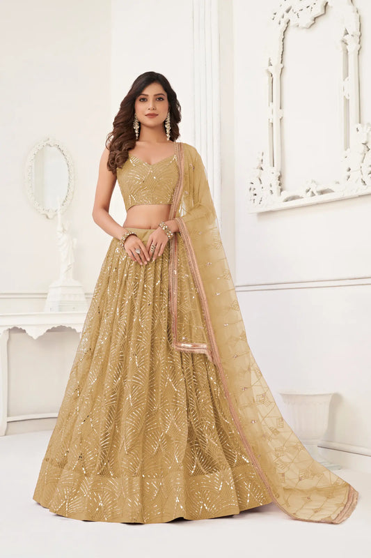 Dunkelbeiger Netz-Lehenga-Choli mit Fadenstickerei, Spiegelarbeit und Paillettenstickerei