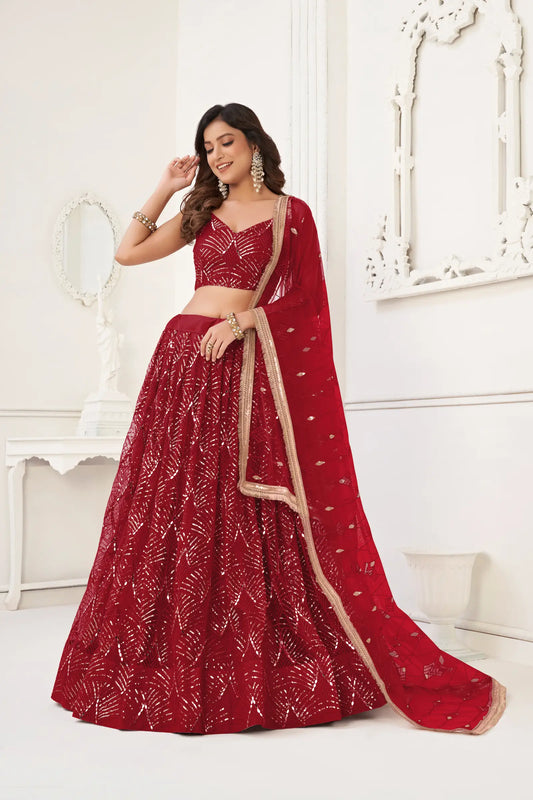 Lehenga Choli en filet rouge bordeaux avec broderie au fil, travail de miroirs et broderie de sequins