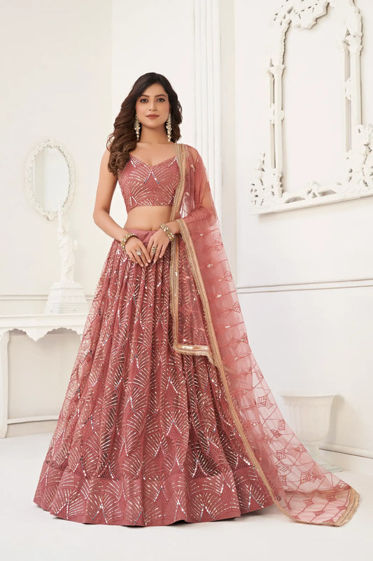 Antikes Puderrosa Lehenga Choli | Indisches Tüllkleid | Stickereien und Spiegel