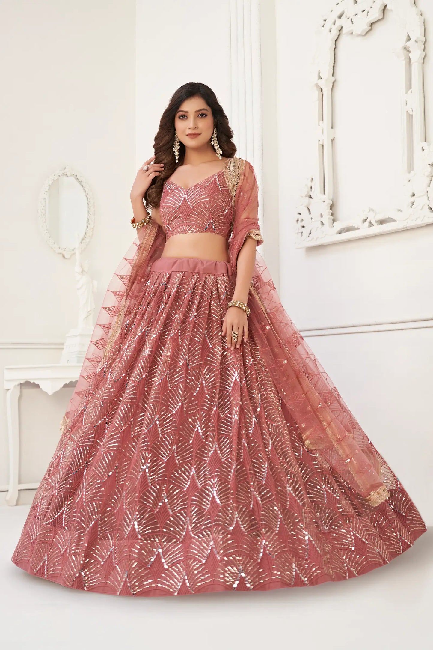 Antique Powder Pink Lehenga Choli | Indian Tulle Dress | Embroidery and Mirrors