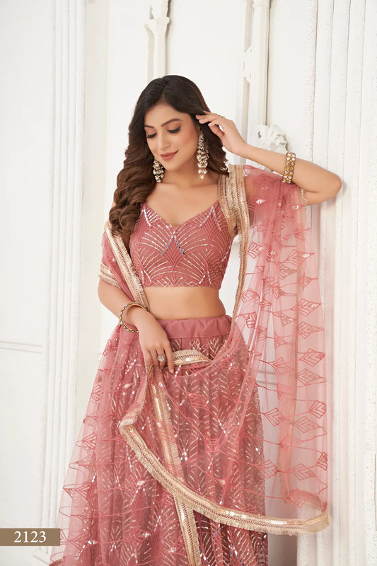 Antikes Puderrosa Lehenga Choli | Indisches Tüllkleid | Stickereien und Spiegel