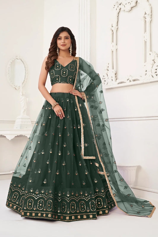 Lehenga Choli en filet vert foncé avec broderie en fil et broderie de sequins