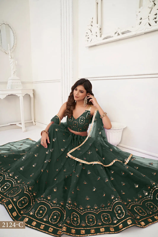 Lehenga Choli en filet vert foncé avec broderie en fil et broderie de sequins
