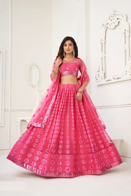 Tenue Indienne Rose fuschia vif | Lehenga Choli de Cérémonie | Robe de Mariage en Tulle avec Broderies Délicates