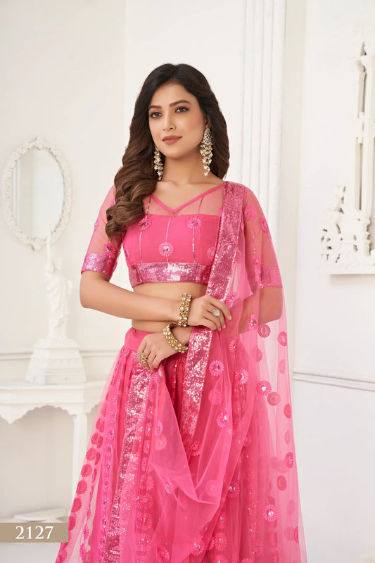 Tenue Indienne Rose fuschia vif | Lehenga Choli de Cérémonie | Robe de Mariage en Tulle avec Broderies Délicates