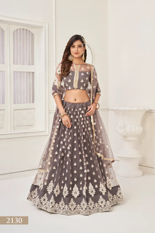 Ensemble Lehenga Choli Gris Métallisé | Tulle avec Broderies Coton et Sequins