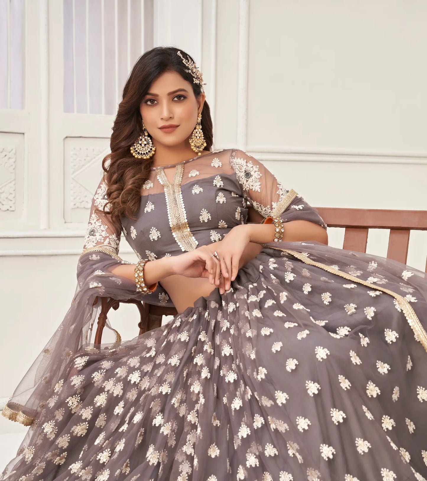 Metallic Grey Lehenga Choli Set | Tulle with Cotton and Sequin Embroidery