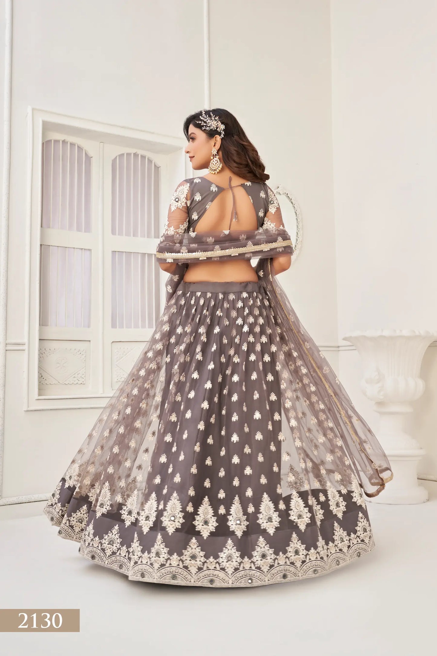 Metallic Grey Lehenga Choli Set | Tulle with Cotton and Sequin Embroidery
