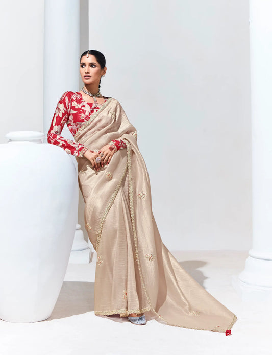 Sari beige en organza de verre avec imprimé numérique, broderie au fil et aux sequins