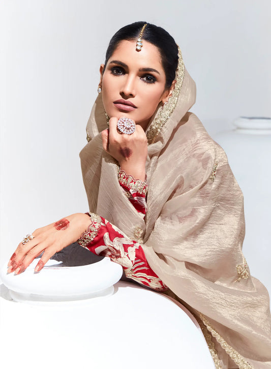 Sari beige en organza de verre avec imprimé numérique, broderie au fil et aux sequins