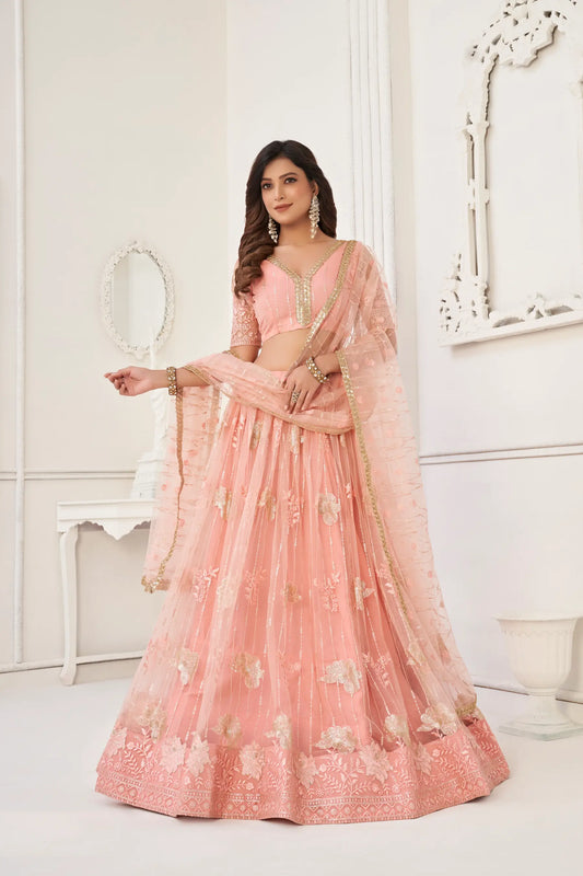 Lehenga Choli de fête Pêche | Tulle avec Broderies Coton et Sequins