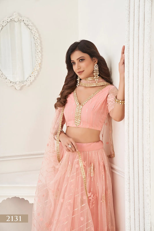 Lehenga Choli de fête Pêche | Tulle avec Broderies Coton et Sequins