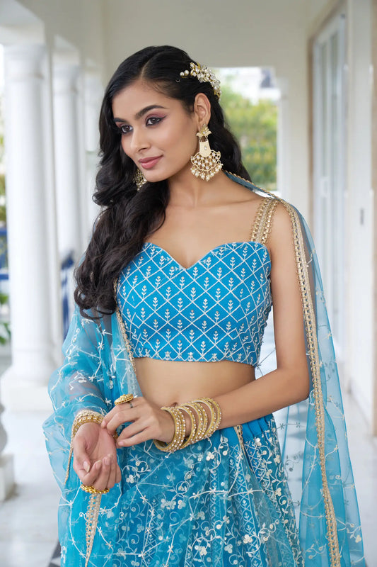 Himmelblaues Lehenga Choli-Set | Tüll mit Baumwolle und Paillettenstickerei | Modell geladen für Anlässe