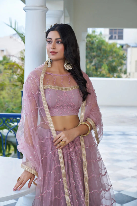 Lehenga Choli Set Netz Puder Pastellrosa | Tüll mit Baumwolle und Paillettenstickerei | Modell geladen für Anlässe