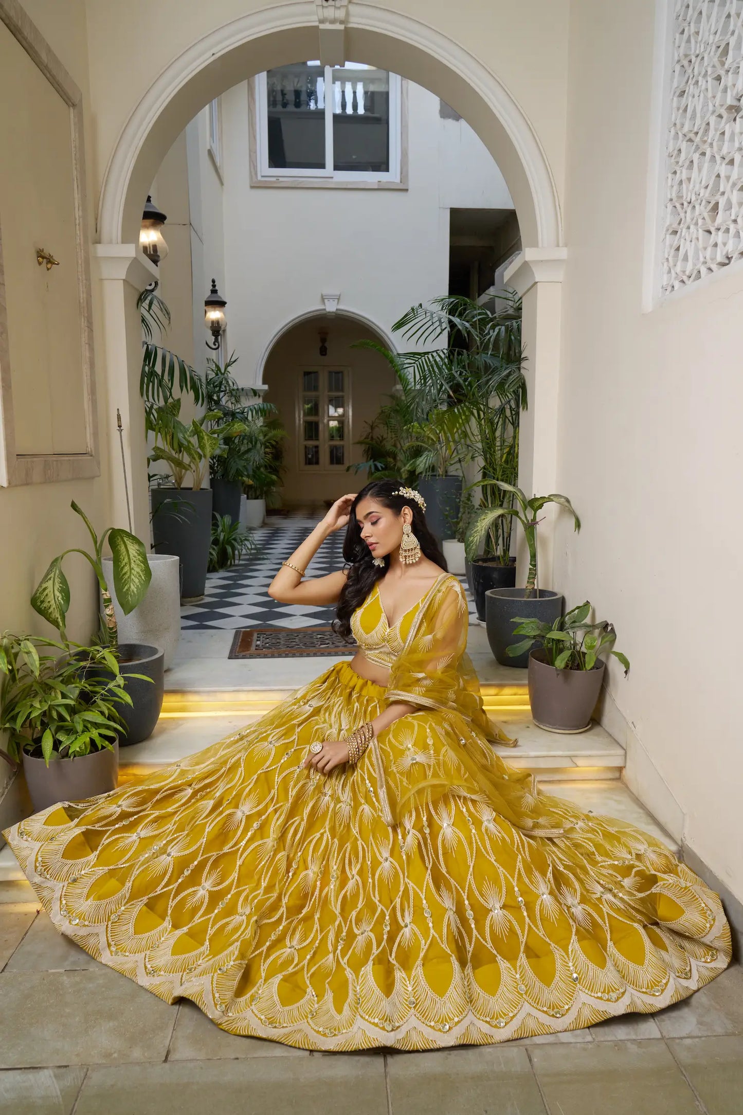 Mustard Yellow Lehenga Choli Set | Tulle with Cotton and Sequin Embroidery | Busy Design for Occasions