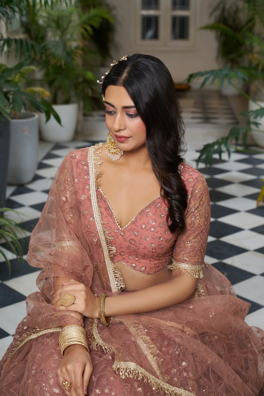Lehenga Choli Set Altes Puderrosa | Tüll mit Baumwolle und Paillettenstickerei | Modell geladen für Anlässe