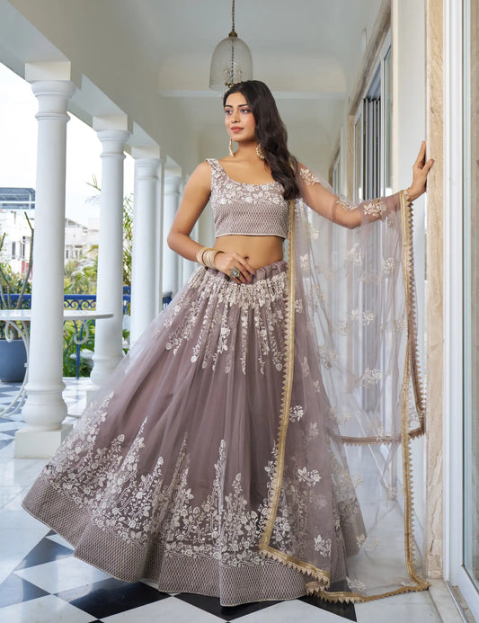 Puderrosa Lehenga Choli | Tüll mit Baumwolle und Paillettenstickerei