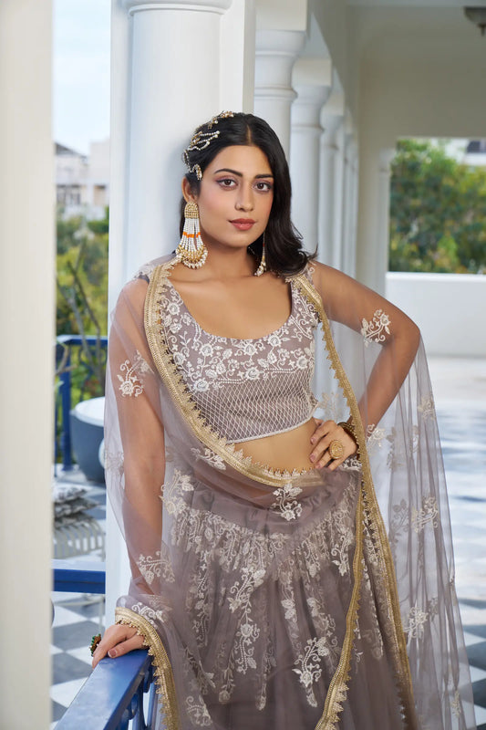Puderrosa Lehenga Choli | Tüll mit Baumwolle und Paillettenstickerei