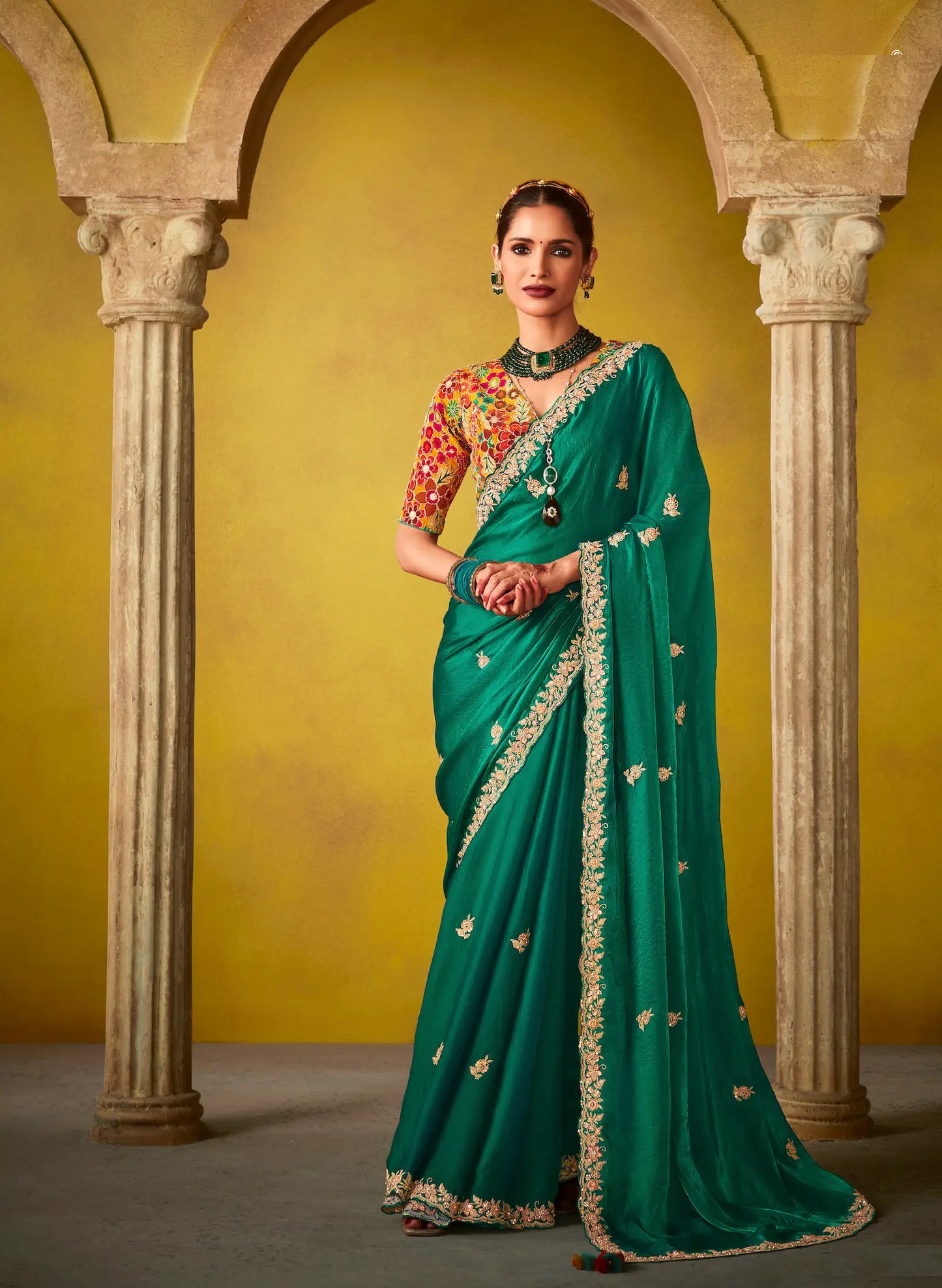 Green glass silk sari with multi-colored red floral blouse and digital print, sequin and thread embroidery