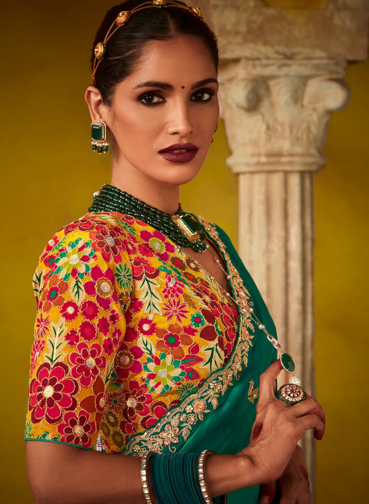 Sari en tissu soie de verre vert avec blouse fleuri rouge multicolore et imprimé digital, broderie en sequins et fil