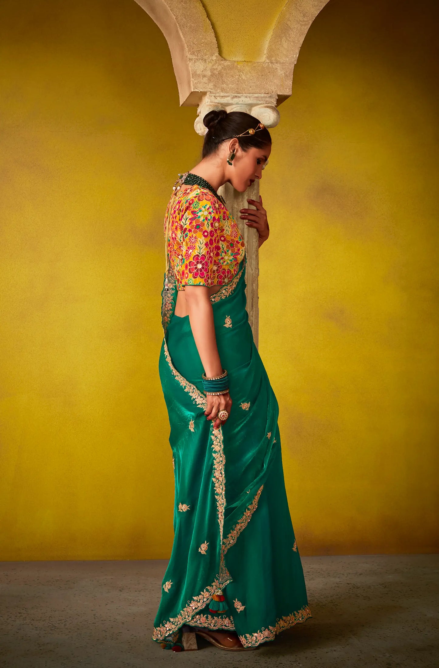 Green glass silk sari with multi-colored red floral blouse and digital print, sequin and thread embroidery