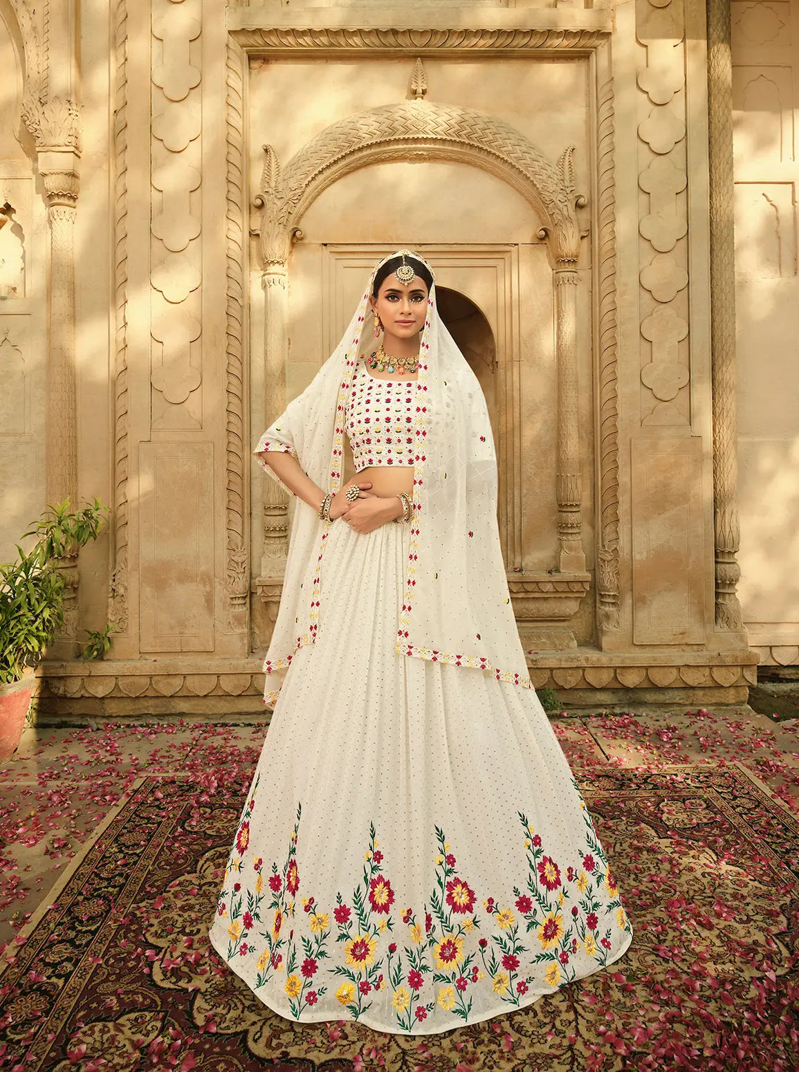 Off-white georgette lehenga choli with thread embroidery and sequins