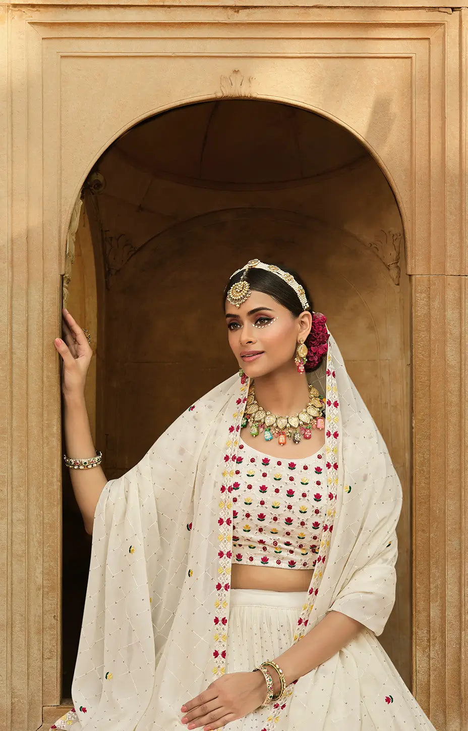 Off-white georgette lehenga choli with thread embroidery and sequins