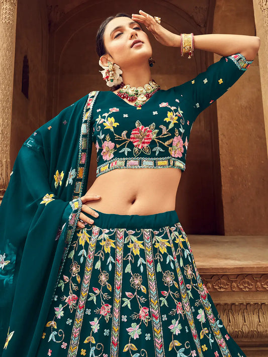 Lehenga Choli bleu sarcelle riche en georgette, orné de broderies au fil et de sequins
