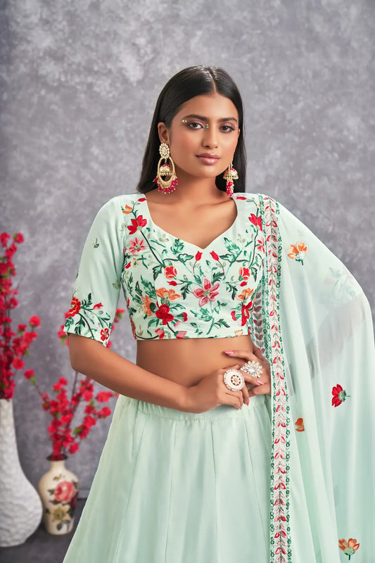 Lehenga Choli vert d'eau en georgette avec broderie au fil et sequins