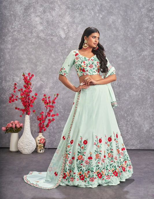Lehenga Choli vert d'eau en georgette avec broderie au fil et sequins