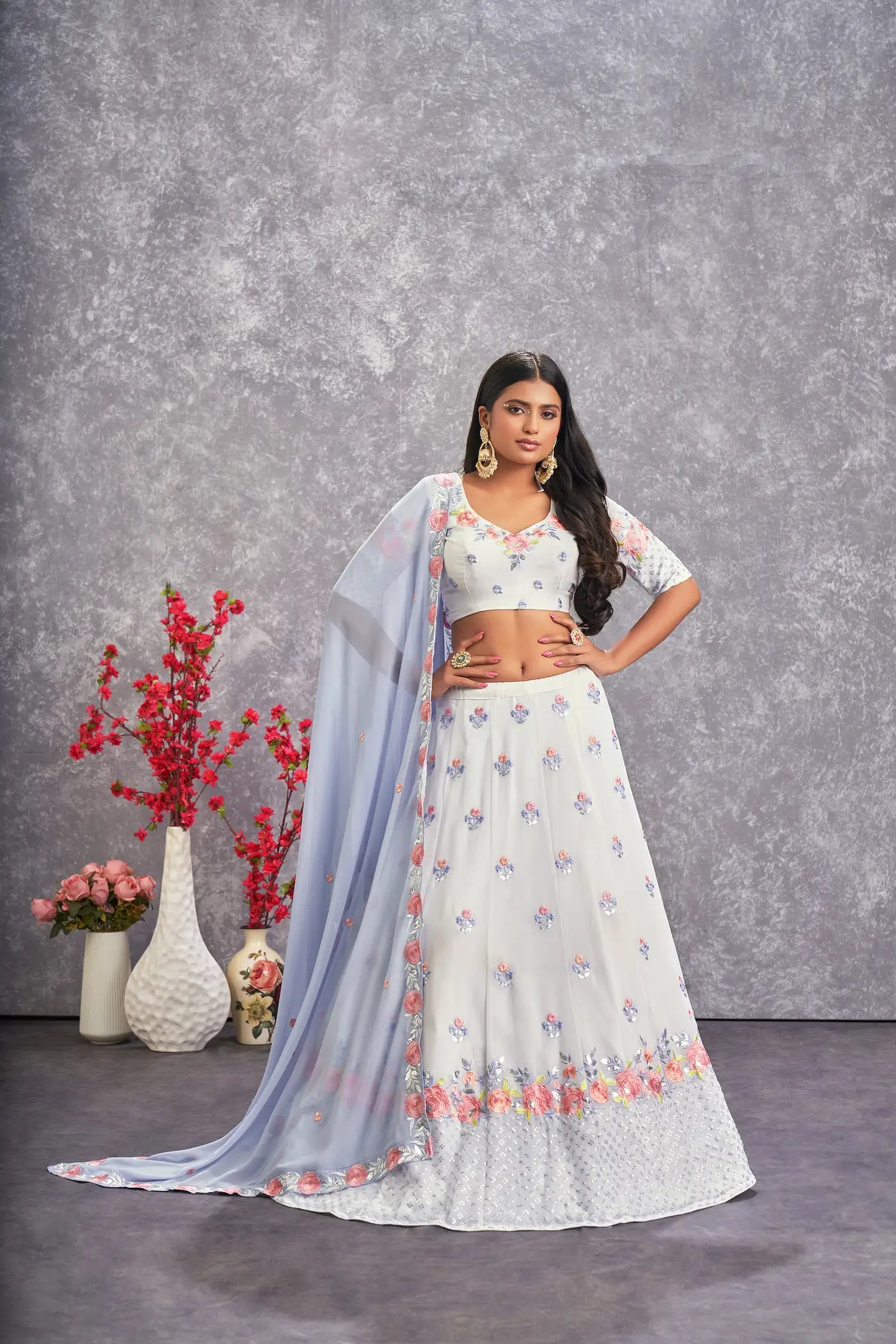 Snow white georgette lehenga choli with thread embroidery and sequins