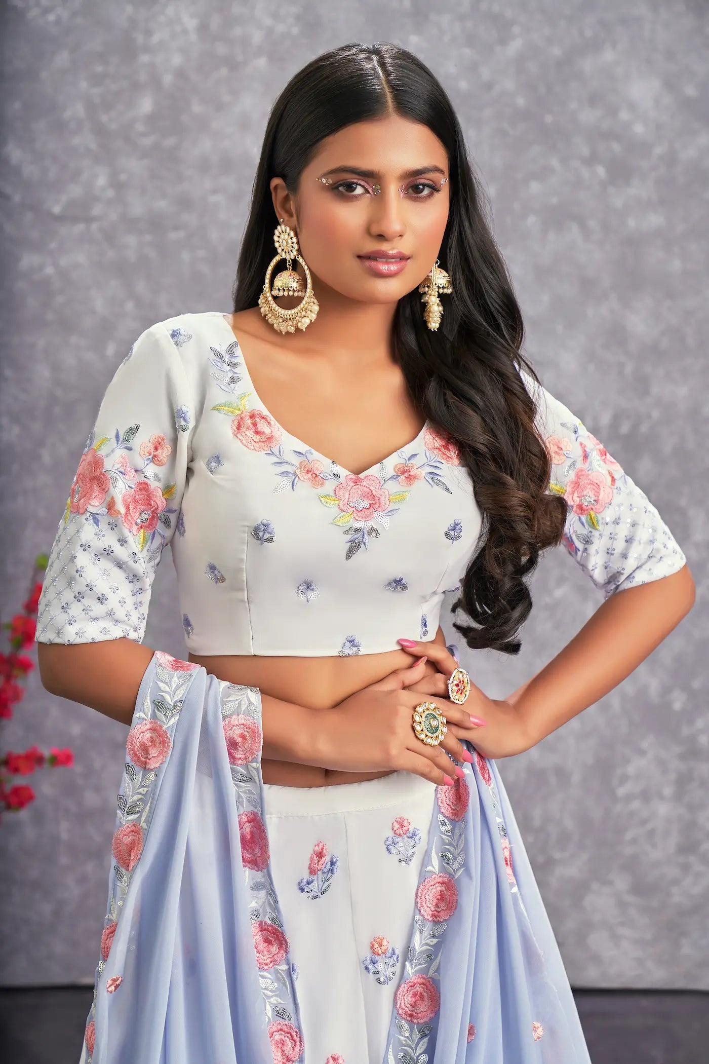 Snow white georgette lehenga choli with thread embroidery and sequins