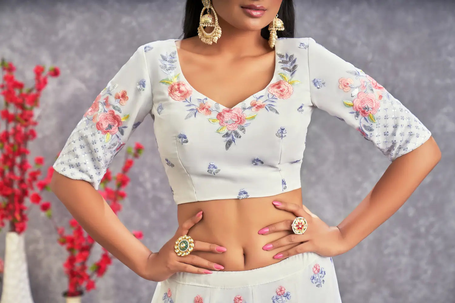 Snow white georgette lehenga choli with thread embroidery and sequins