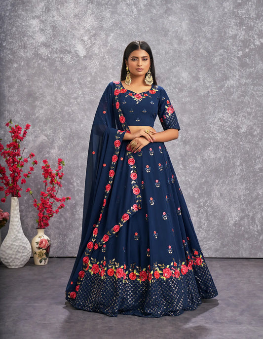 Lehenga choli bleu sarcelle en georgette avec broderie au fil et sequins