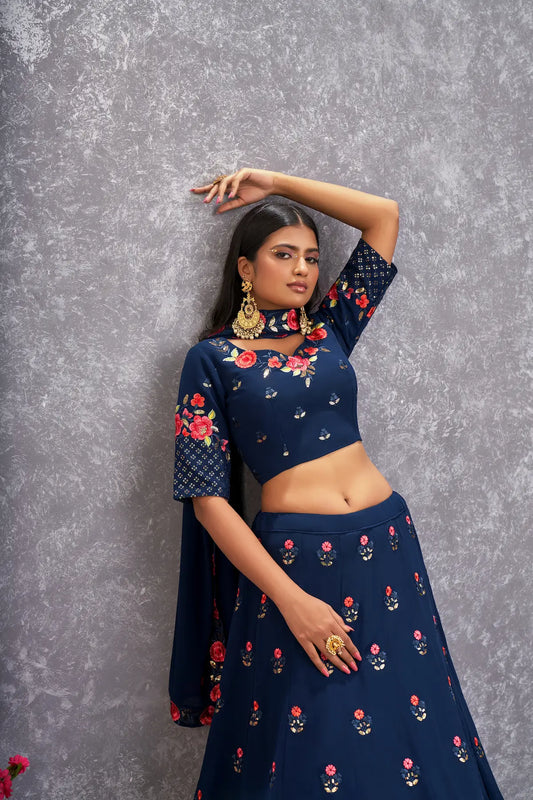 Lehenga choli bleu sarcelle en georgette avec broderie au fil et sequins