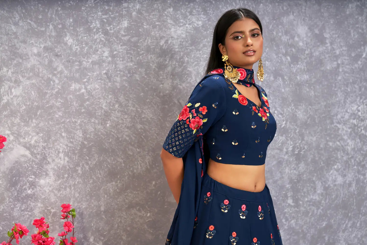 Teal blue georgette lehenga choli with thread embroidery and sequins